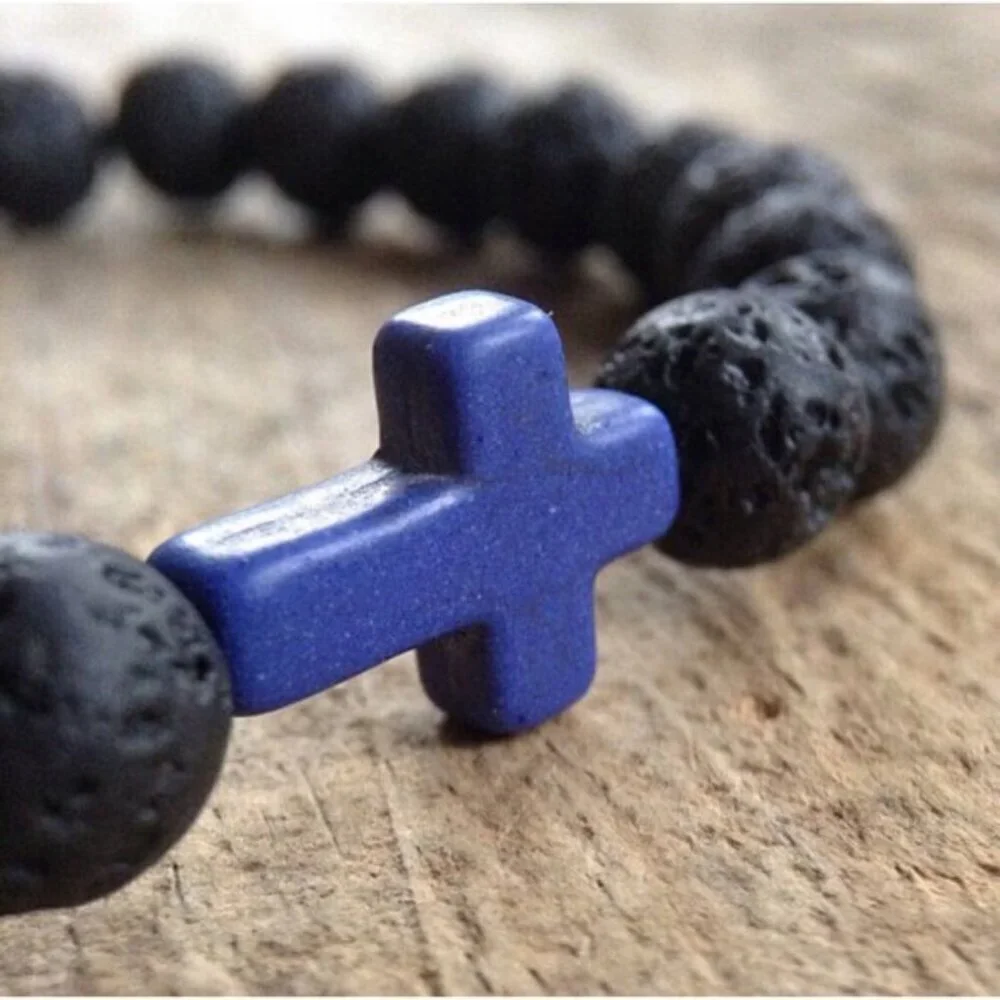 Cobalt Blue Cross Black Lava Stone Beaded Bracelet 8mm beads - Size 8 inches